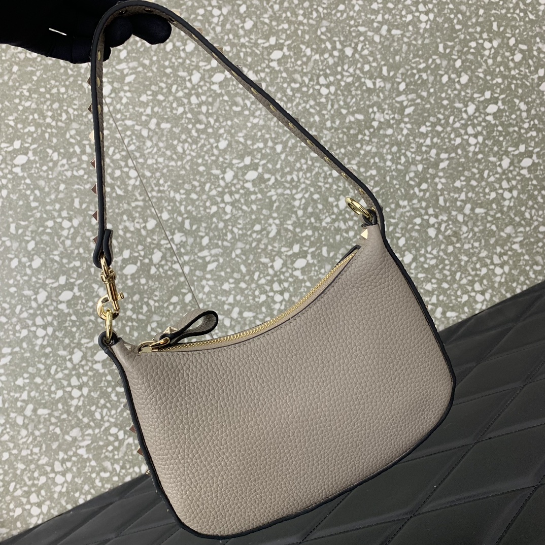 Valentino Garavani Rockstud Mini Hobo Bag in Grey Grainy Calfskin